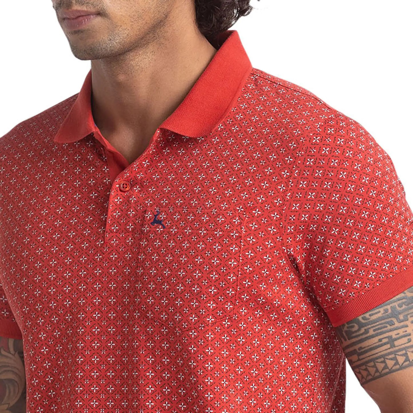 Men Red Regular Fit Print Cotton Round Neck Collar Polo T-Shirt