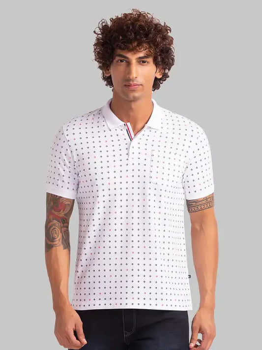Men White Regular Fit Print Polyester Blend Round Neck Collar Polo T-Shirt