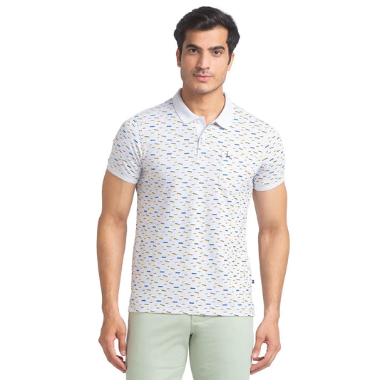 Men Grey Regular Fit Print Cotton Round Neck Collar Polo T-Shirt