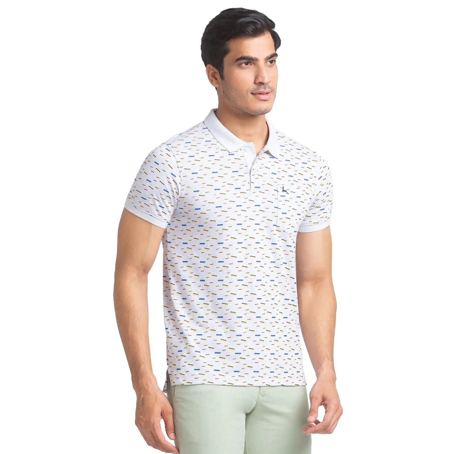Men Grey Regular Fit Print Cotton Round Neck Collar Polo T-Shirt