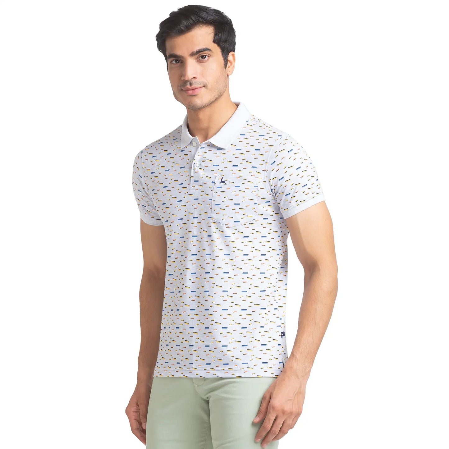 Men Grey Regular Fit Print Cotton Round Neck Collar Polo T-Shirt