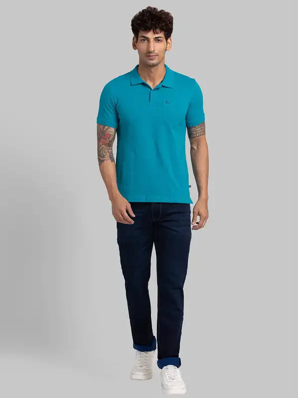 Men Green Regular Fit Solid Cotton Round Neck Collar Polo T-Shirt