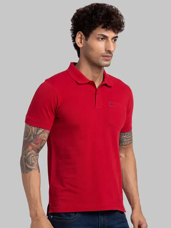 Men Red Regular Fit Solid Cotton Round Neck Collar Polo T-Shirt