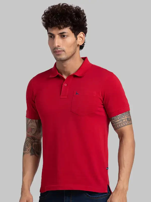 Men Red Regular Fit Solid Cotton Round Neck Collar Polo T-Shirt