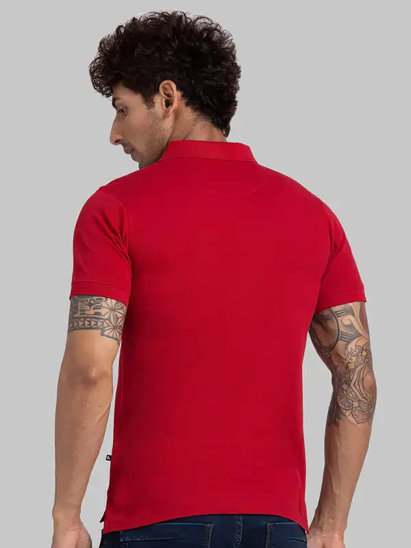 Men Red Regular Fit Solid Cotton Round Neck Collar Polo T-Shirt