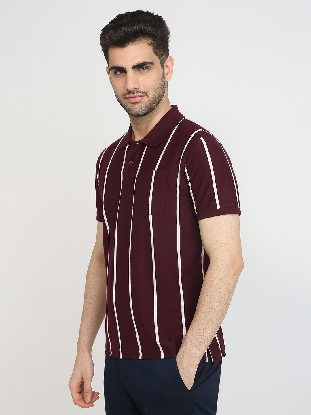 Parx Men Purple Yarn Dyed Regular Fit Cotton Blend T-Shirt
