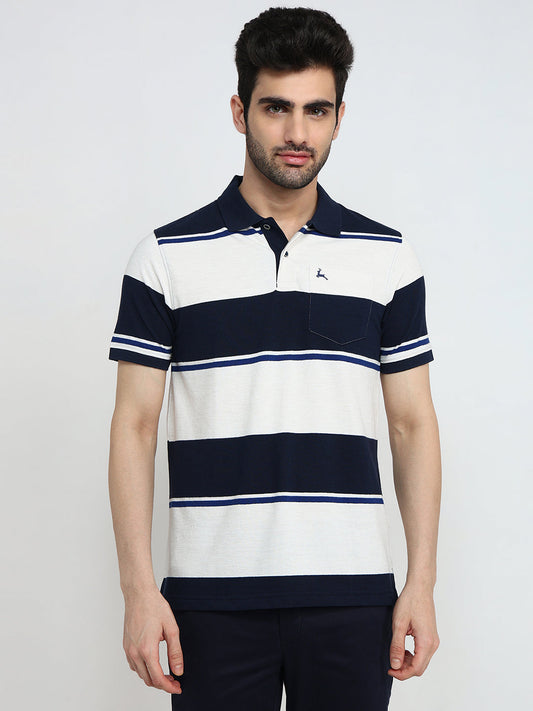 Parx Men Blue Yarn Dyed Regular Fit Cotton Blend Half Sleeve T-Shirt