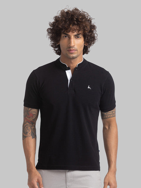 Parx Men Black Regular Fit Solid Contrast Neck T-Shirt