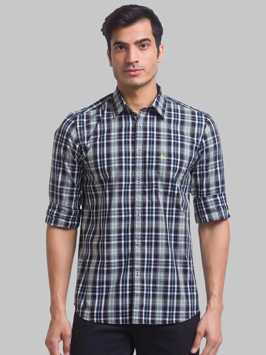 Men Black Slim Fit Checks Cotton Full Sleeve Shirts