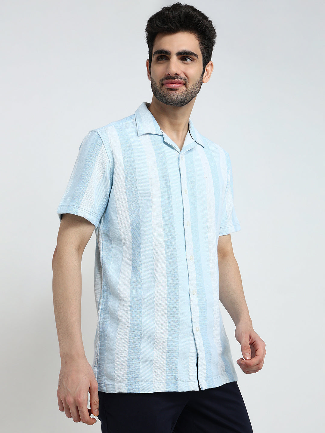 Parx Men Blue Stripe Slim Fit Cotton Half Sleeve Casual Shirt