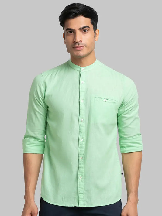 Men Green Slim Fit Solid Linen Blend Full Sleeve Shirts