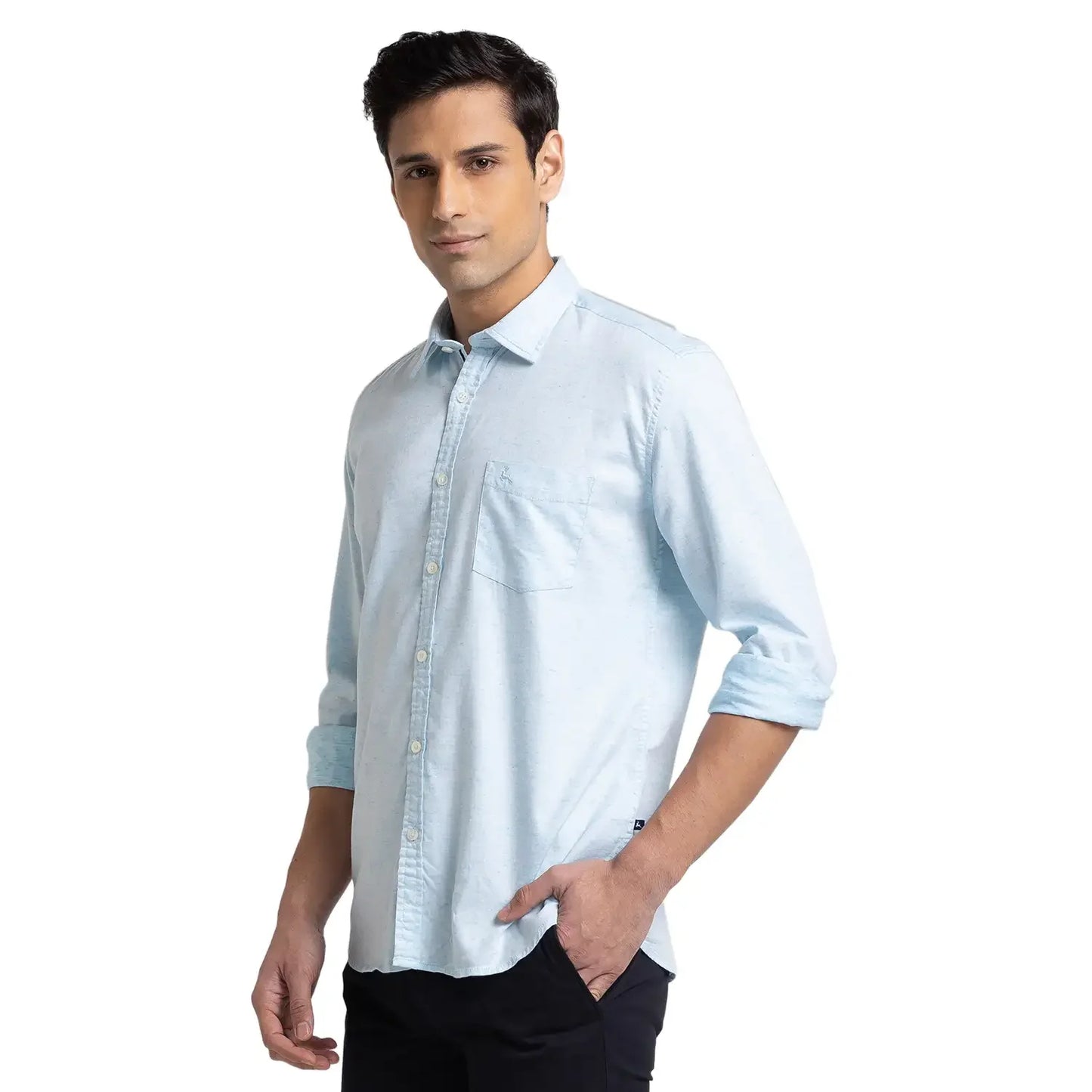 Men Blue Slim Fit Solid Cotton Blend Full Sleeve Shirts