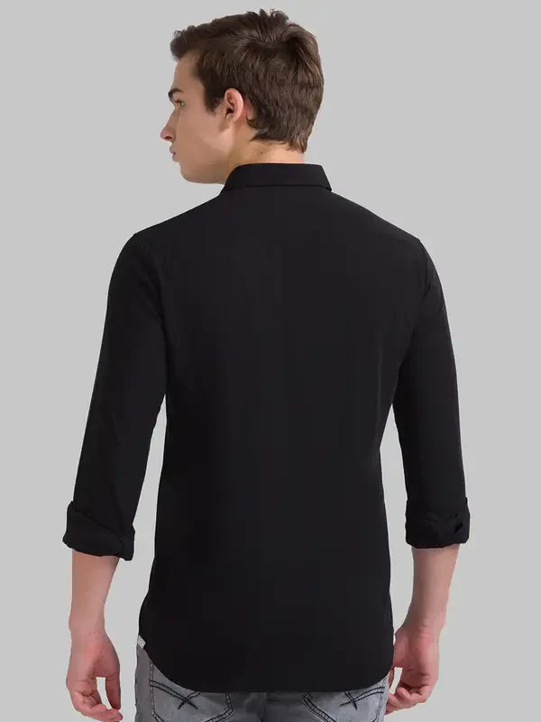 Men Black Slim Fit Solid Polyester Blend Full Sleeve Shirts