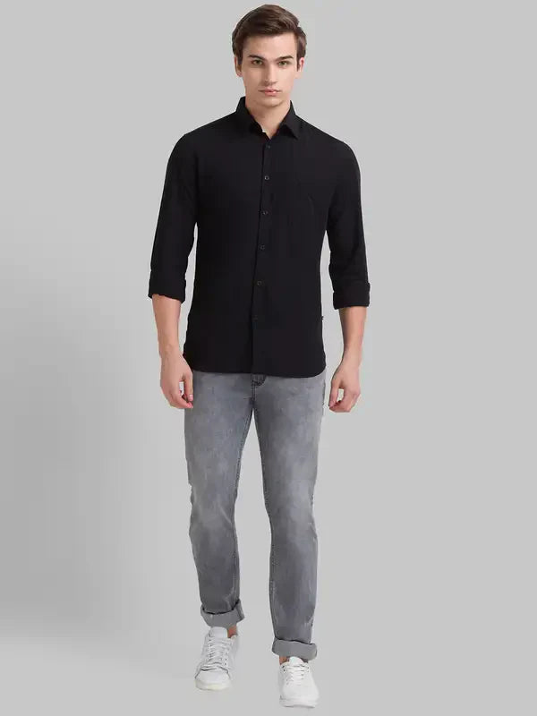 Men Black Slim Fit Solid Polyester Blend Full Sleeve Shirts