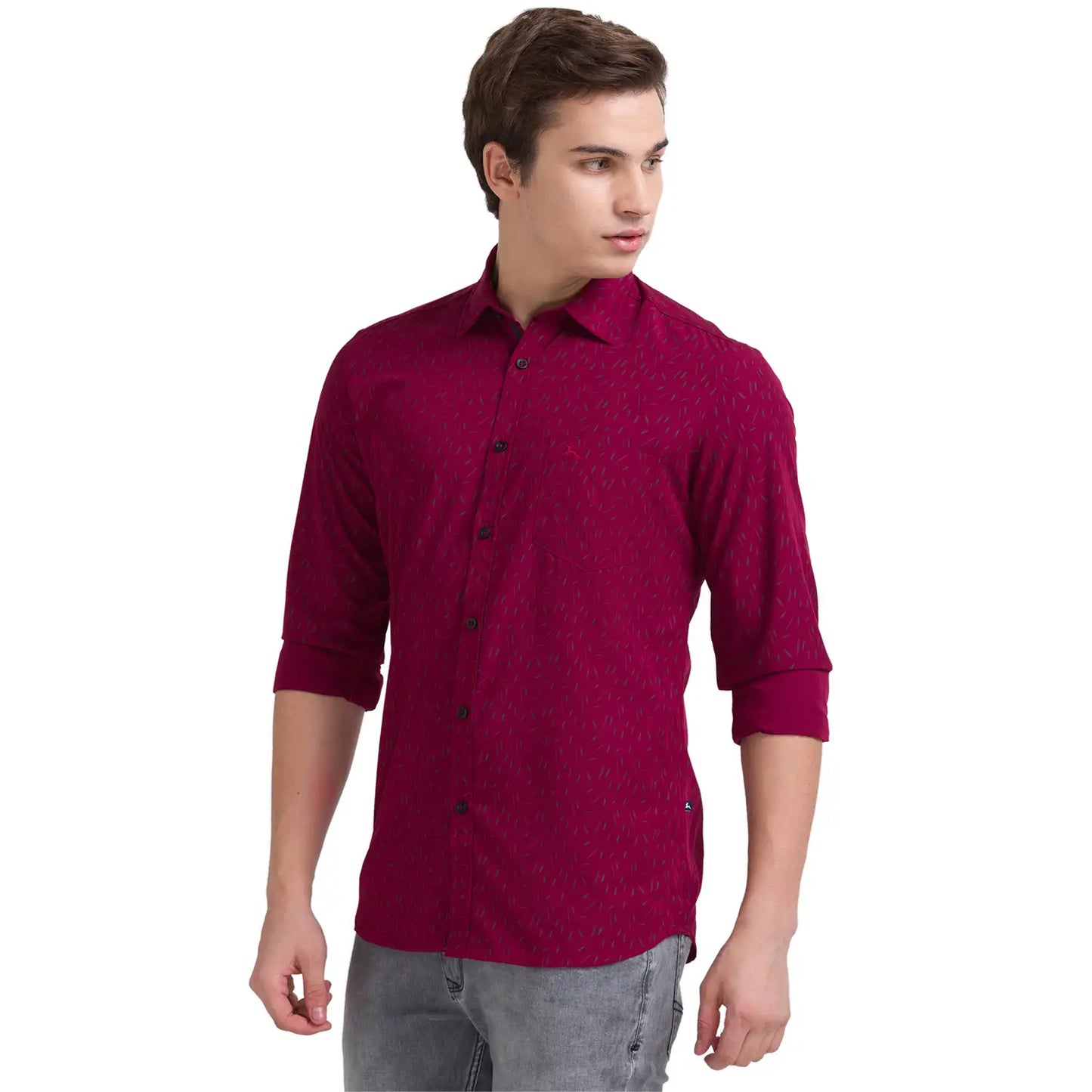 Men Red Slim Fit Print Polyester Blend Full Sleeve Shirts