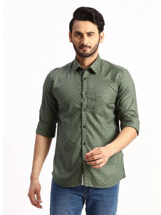 Men Green Slim Fit Print Cotton Full Sleeve Shirts