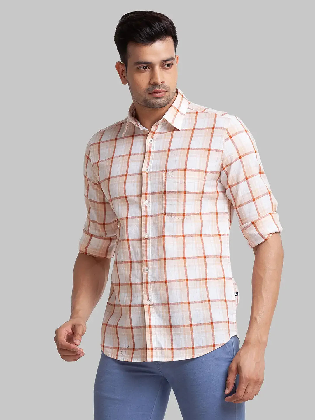 Men Brown Slim Fit Checks Linen Cotton Blend Full Sleeve Shirts