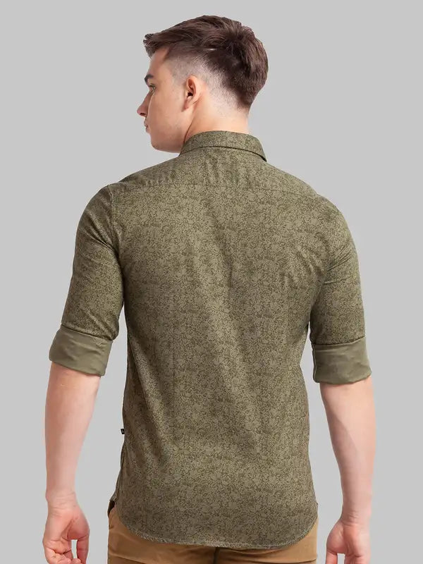 Men Green Slim Fit Print Cotton Full Sleeve Shirts