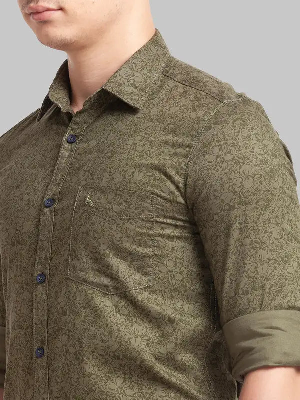 Men Green Slim Fit Print Cotton Full Sleeve Shirts