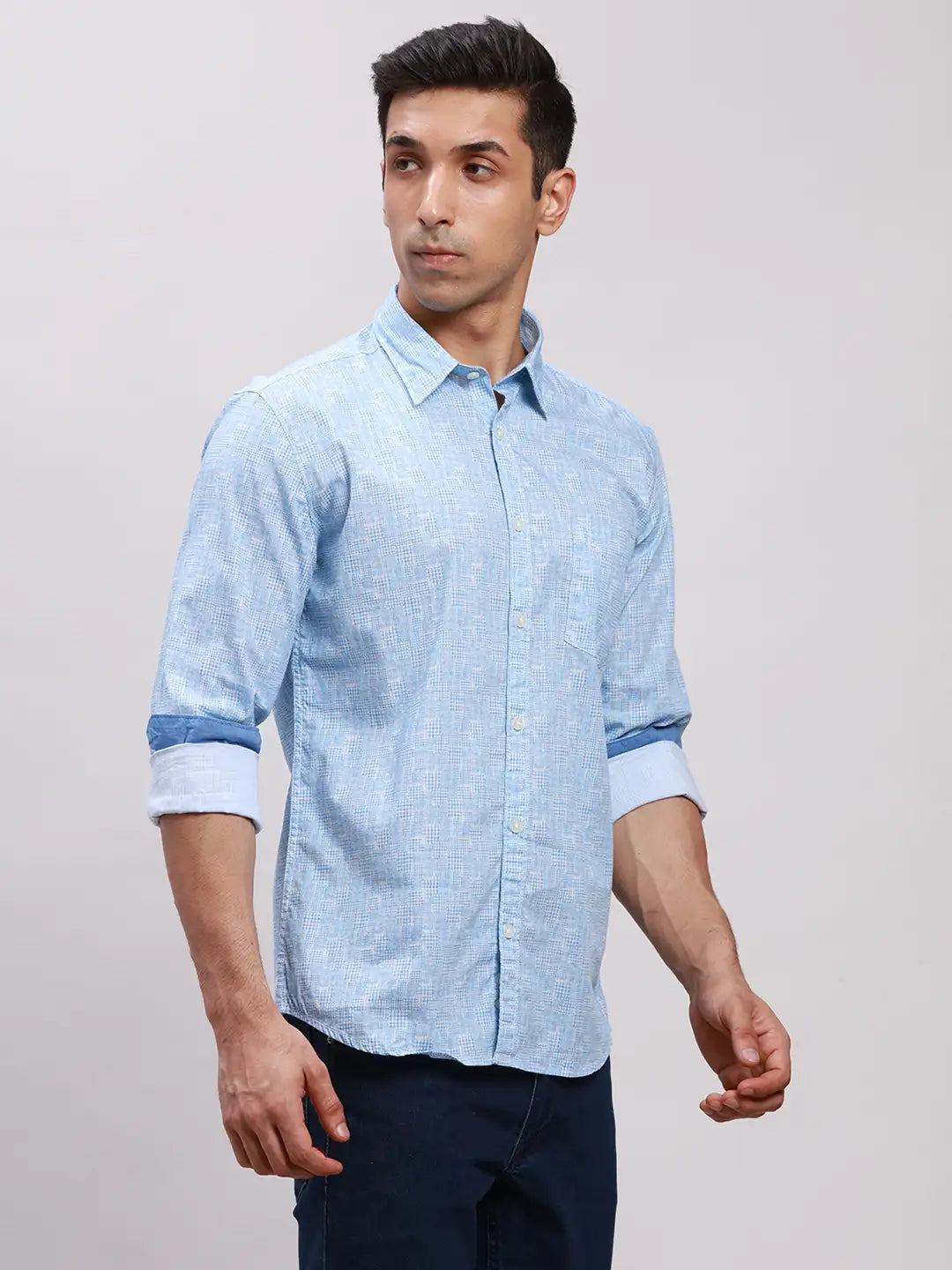 Parx Men Blue Printed Slim Fit Cotton Full Sleeve Cut Away Collar Shirt