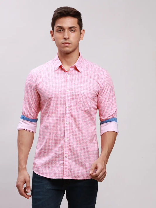 Men Red Slim Fit Print Cotton Full Sleeve Cut Away Collar Shirts