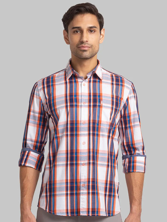 Parx Men Orange Checks Slim Fit Cotton Full Sleeve Shirts
