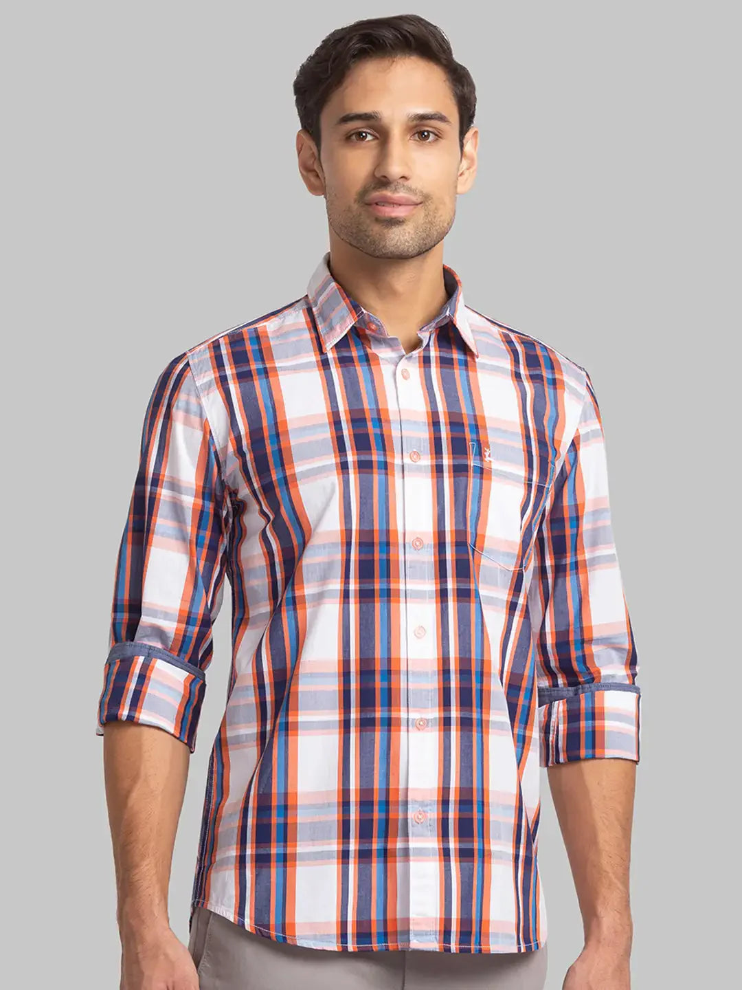 Parx Men Orange Checks Slim Fit Cotton Full Sleeve Shirts