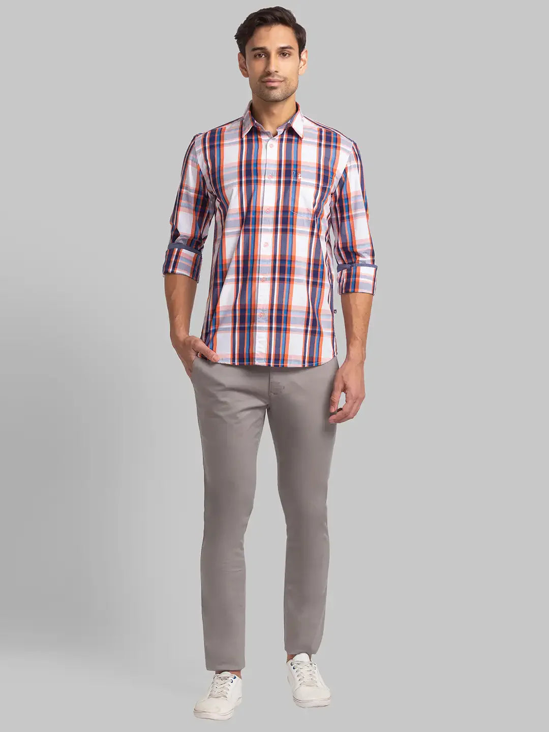 Parx Men Orange Checks Slim Fit Cotton Full Sleeve Shirts
