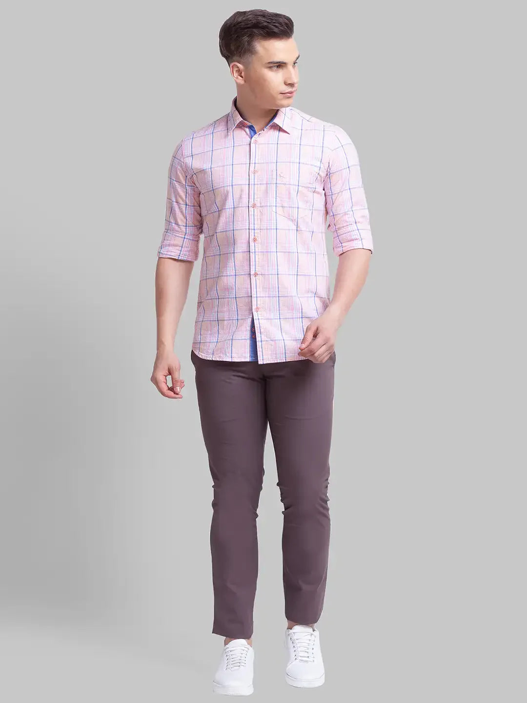 Parx Men Orange Checks Slim Fit Cotton Blend Full Sleeve Shirts