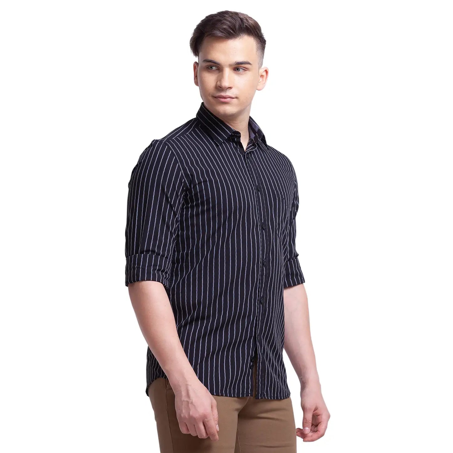 Men Black Slim Fit Stripe Polyester Blend Full Sleeve Shirts