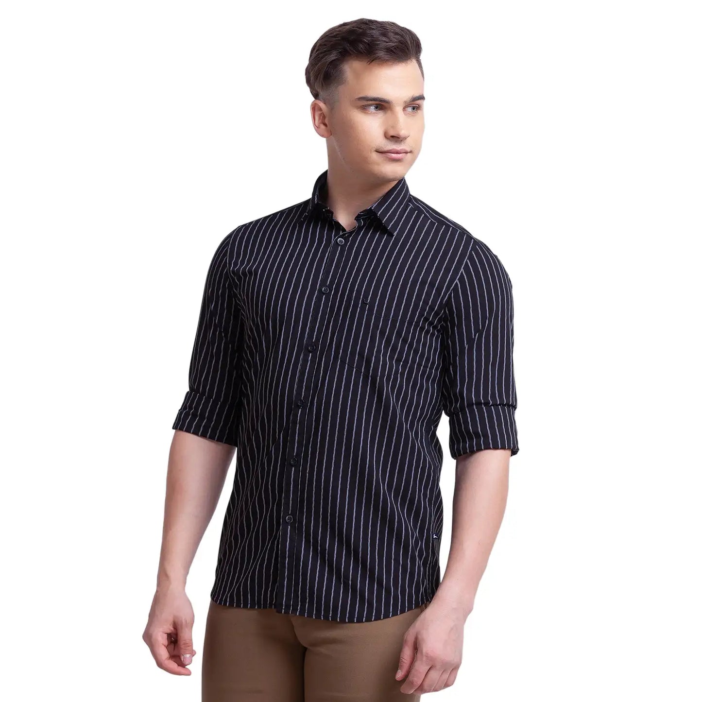 Men Black Slim Fit Stripe Polyester Blend Full Sleeve Shirts