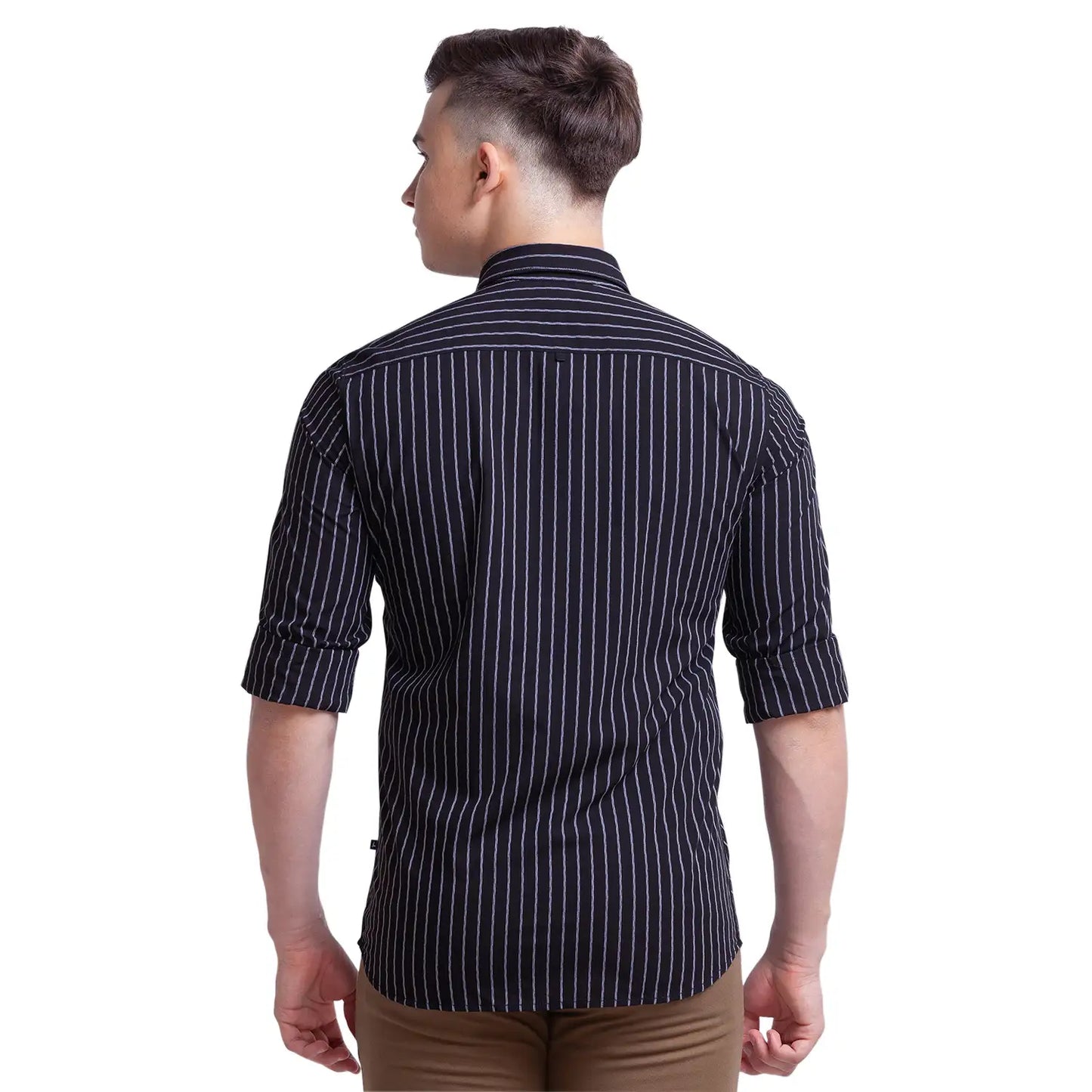Men Black Slim Fit Stripe Polyester Blend Full Sleeve Shirts