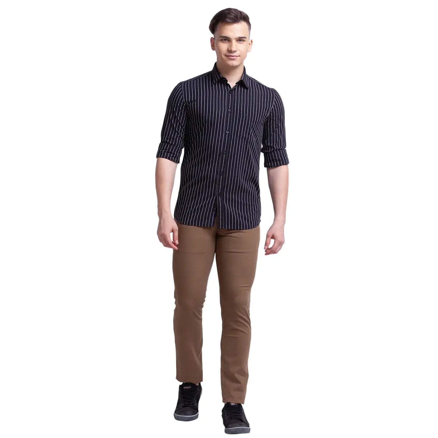 Men Black Slim Fit Stripe Polyester Blend Full Sleeve Shirts