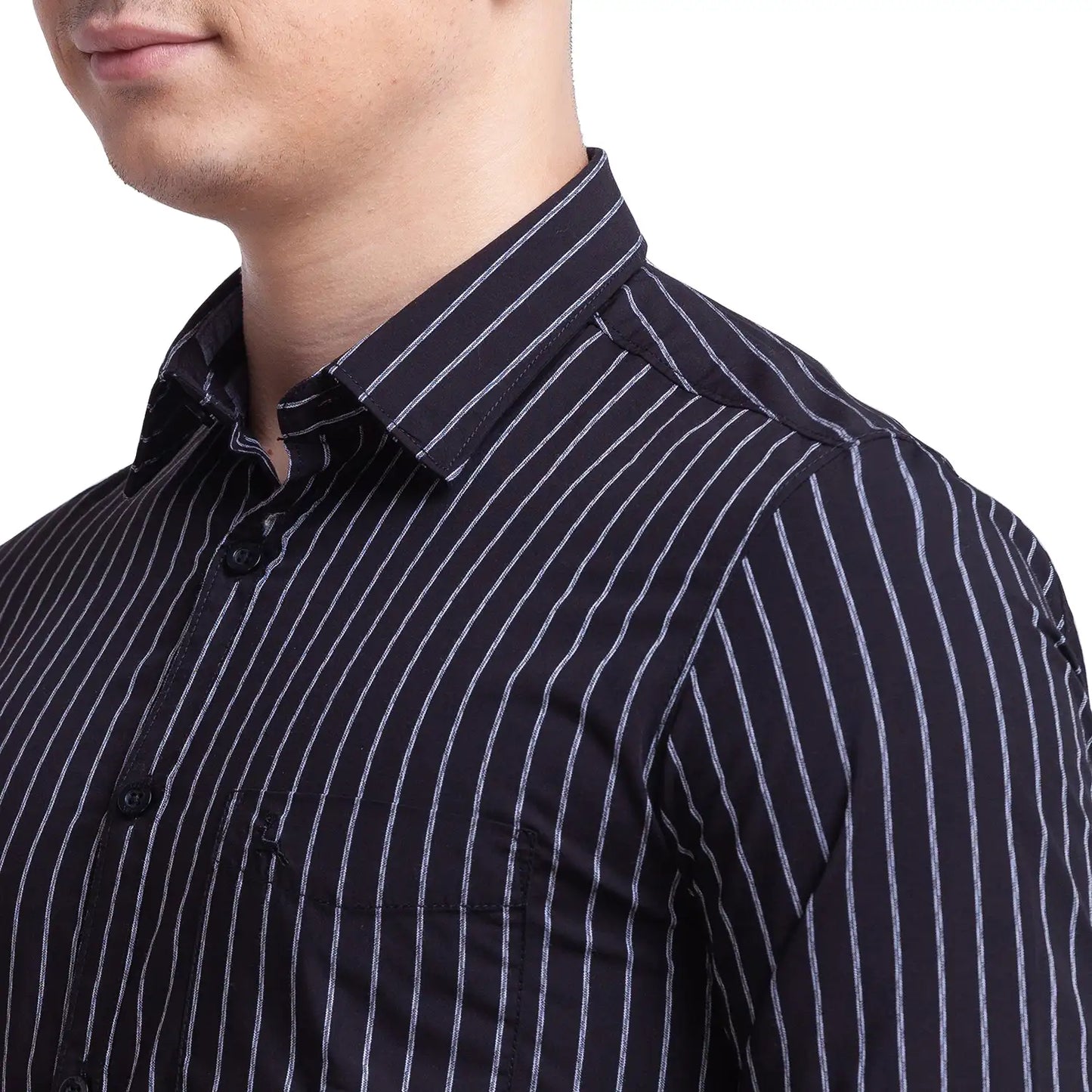 Men Black Slim Fit Stripe Polyester Blend Full Sleeve Shirts