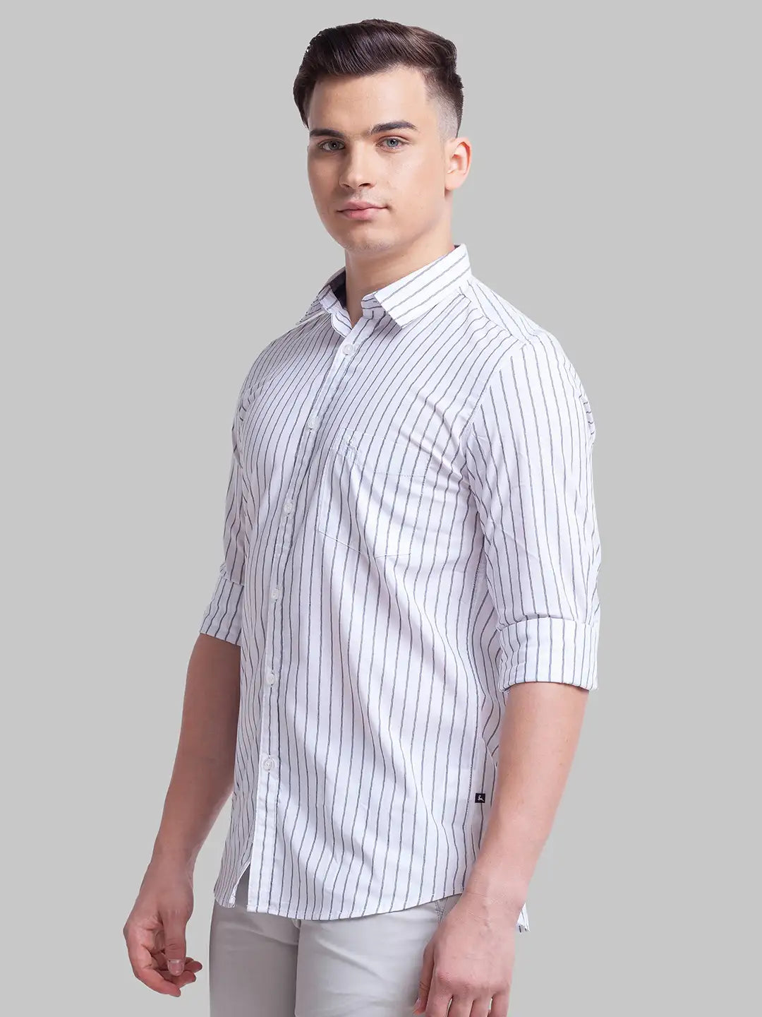 Men White Slim Fit Stripe Polyester Blend Full Sleeve Shirts