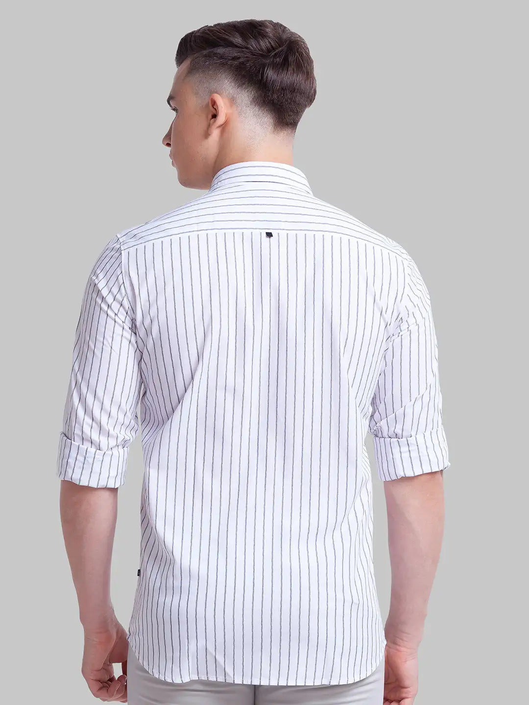 Men White Slim Fit Stripe Polyester Blend Full Sleeve Shirts