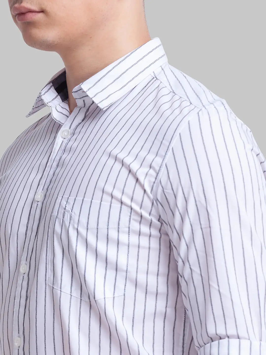 Men White Slim Fit Stripe Polyester Blend Full Sleeve Shirts