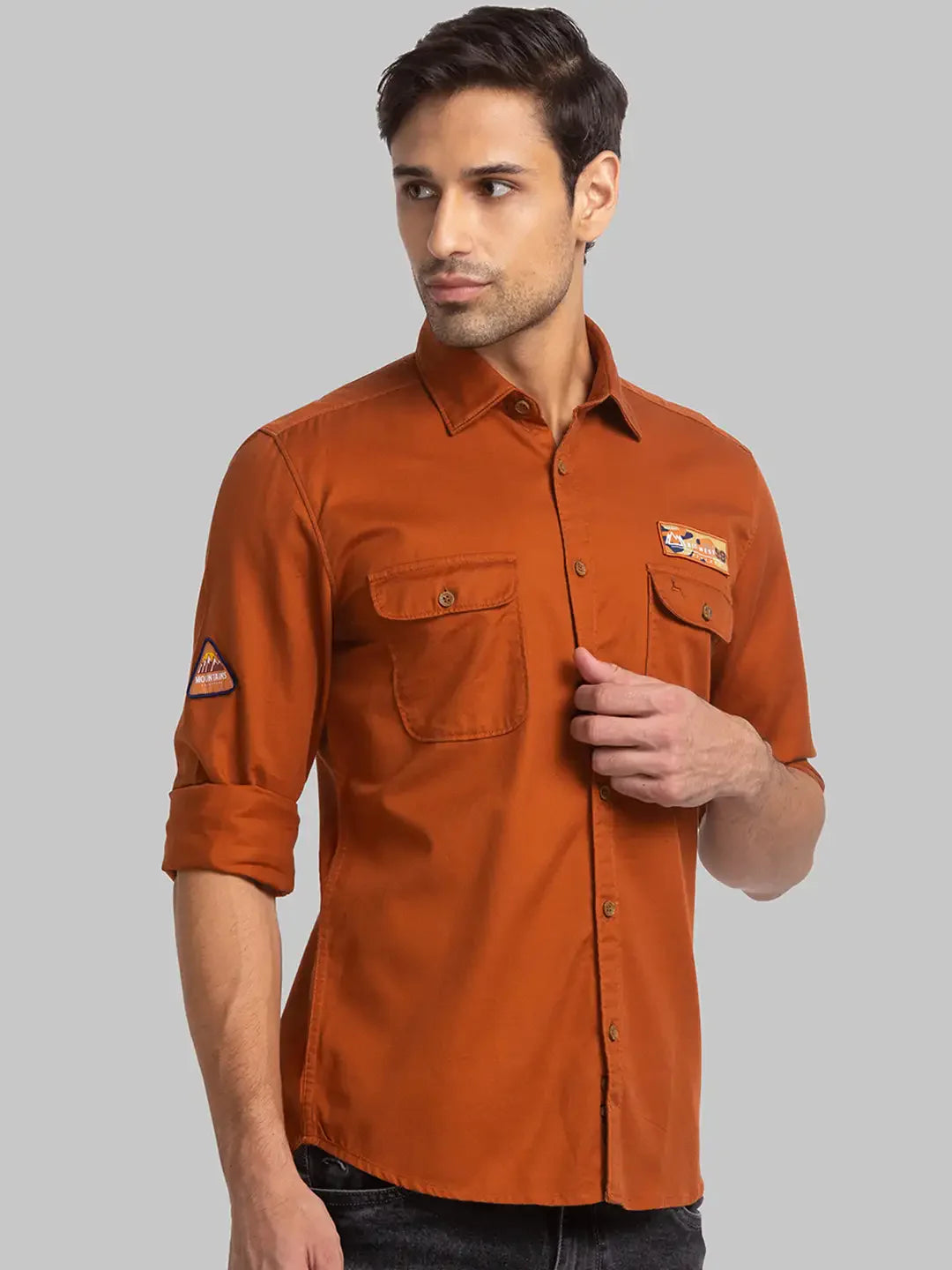 Men Brown Slim Fit Solid Cotton Full Sleeve Shirts