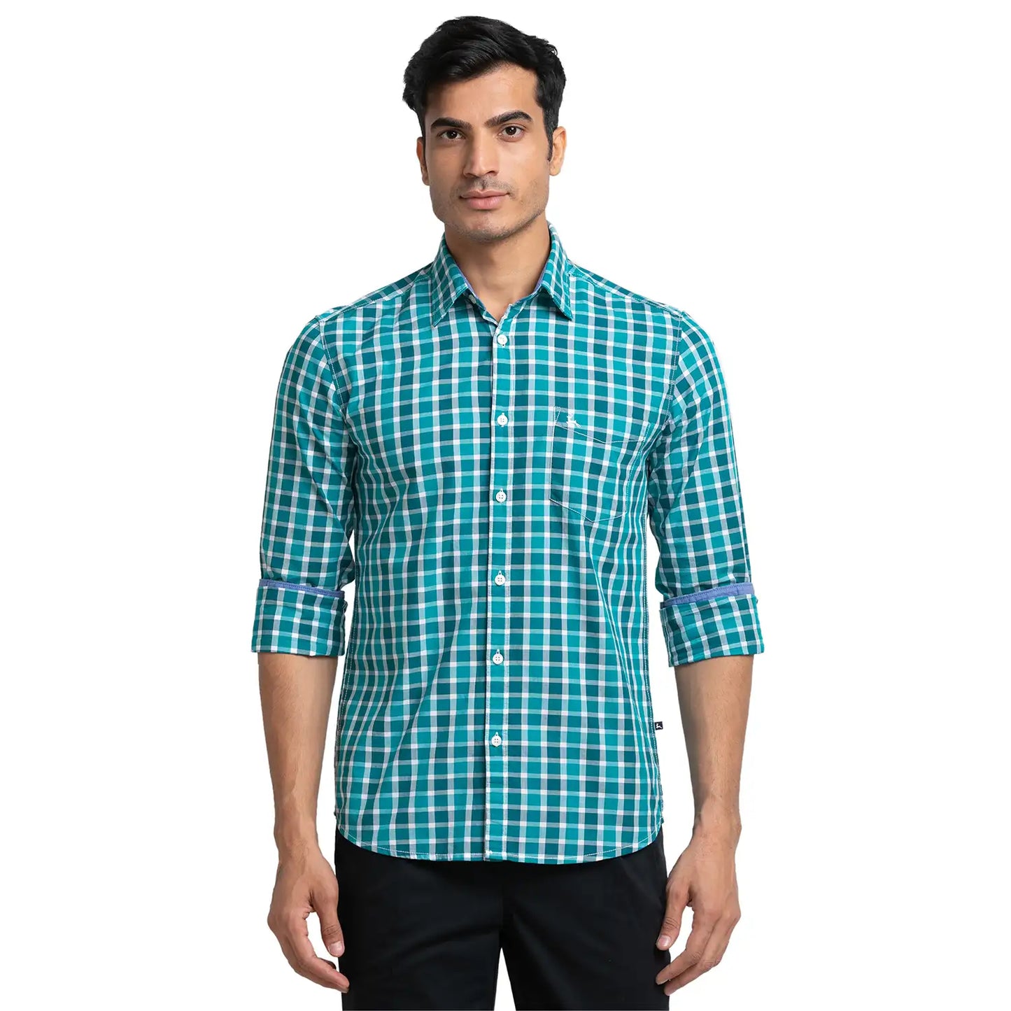 Men Green Slim Fit Checks Cotton Full Sleeve Shirts