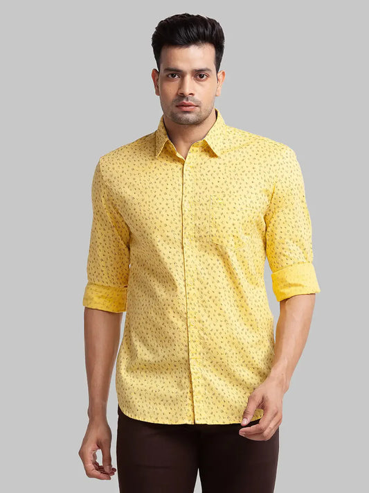 Men Yellow Slim Fit Print Cotton Full Sleeve Shirts