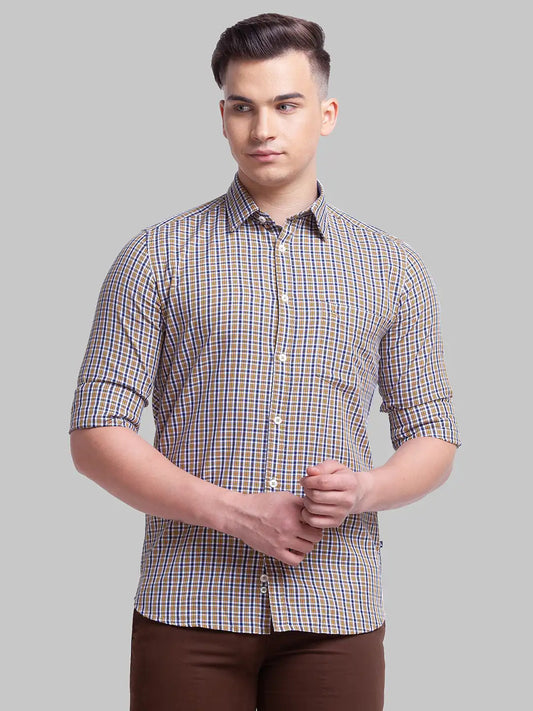 Men Yellow Slim Fit Checks Cotton Full Sleeve Shirts