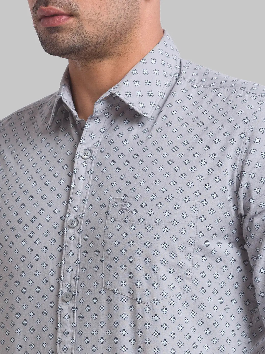 Men Grey Slim Fit Print Cotton Full Sleeve Shirts