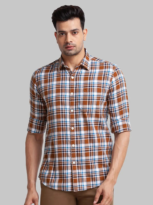 Men Brown Slim Fit Checks Cotton Full Sleeve Shirts