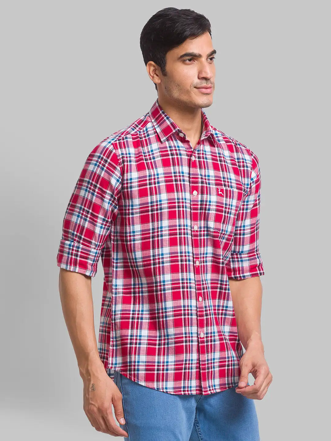 Men Red Slim Fit Checks Cotton Full Sleeve Shirts