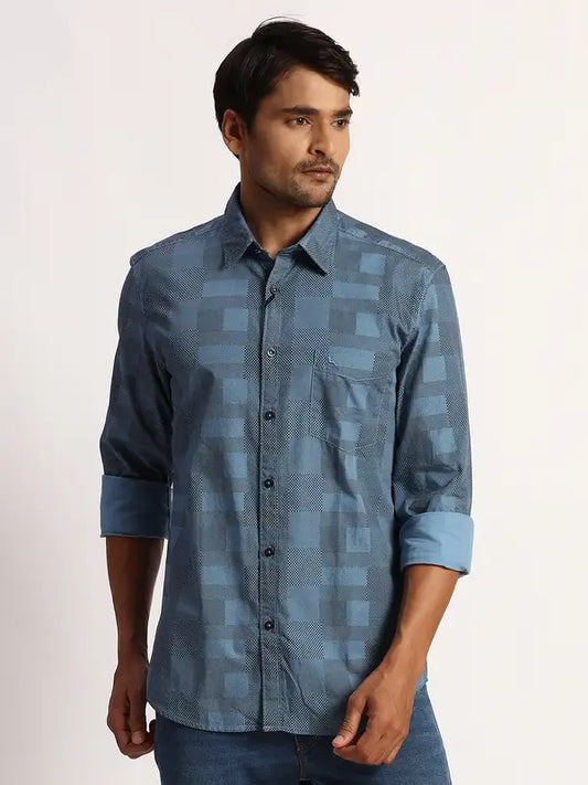 Men Blue Slim Fit Print Cotton Full Sleeve Shirts