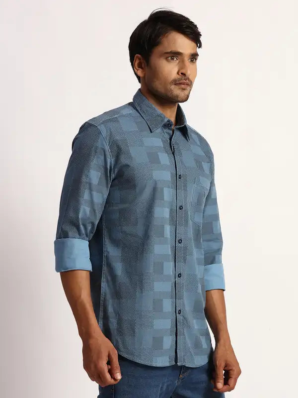 Men Blue Slim Fit Print Cotton Full Sleeve Shirts