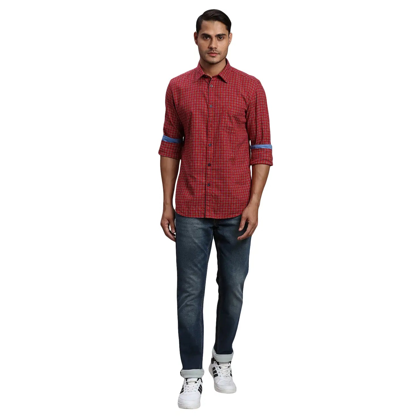 Men Red Slim Fit Checks Cotton Full Sleeve Shirts