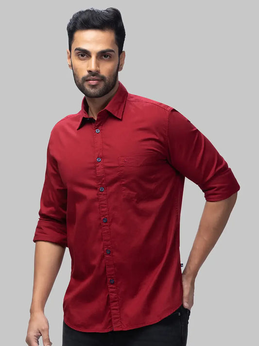Men Red Slim Fit Solid  Cotton Full Sleeve Cutaway Collar Shirts