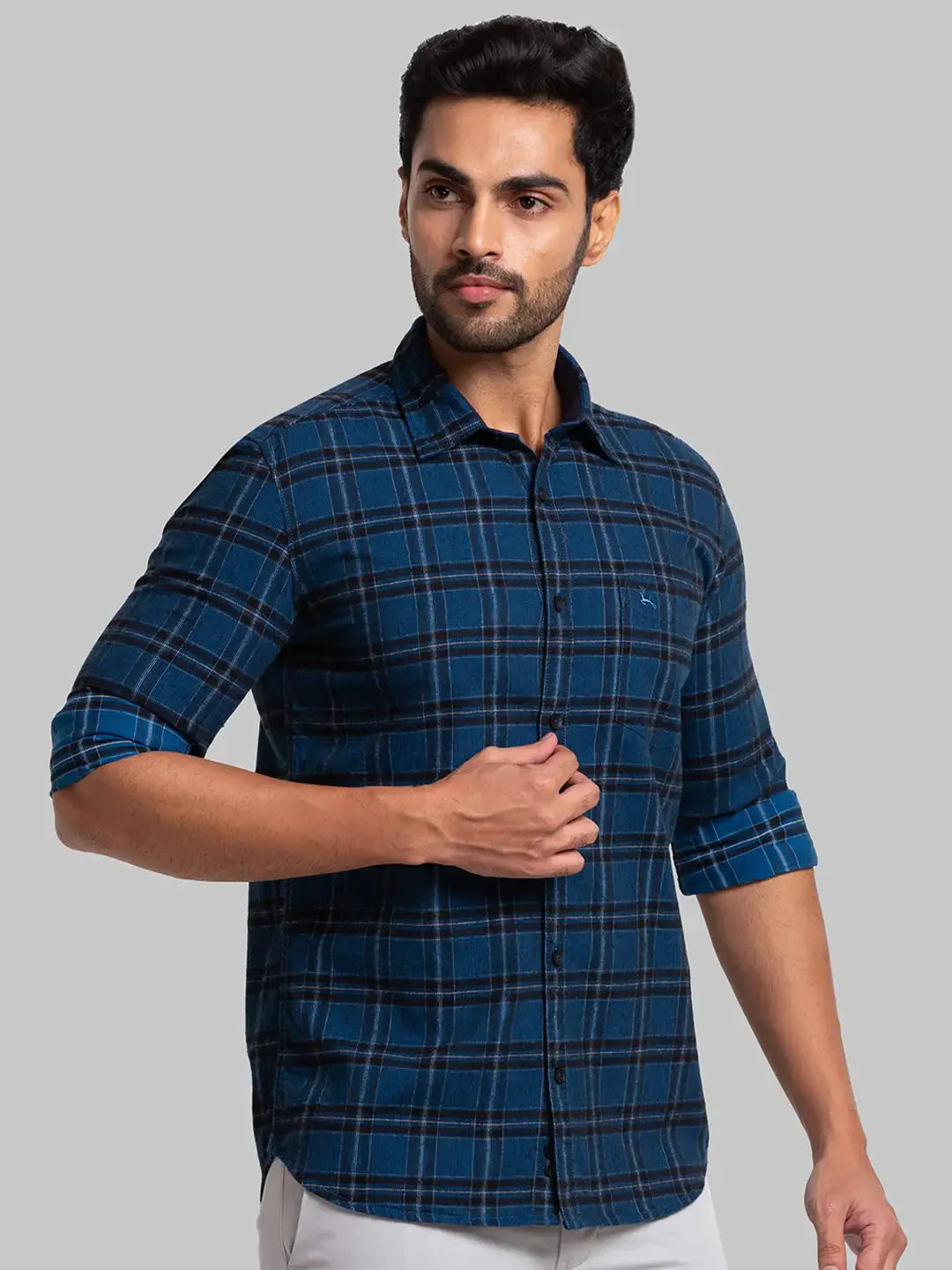 Men Blue Slim Fit Checks Cotton Full Sleeve Shirts