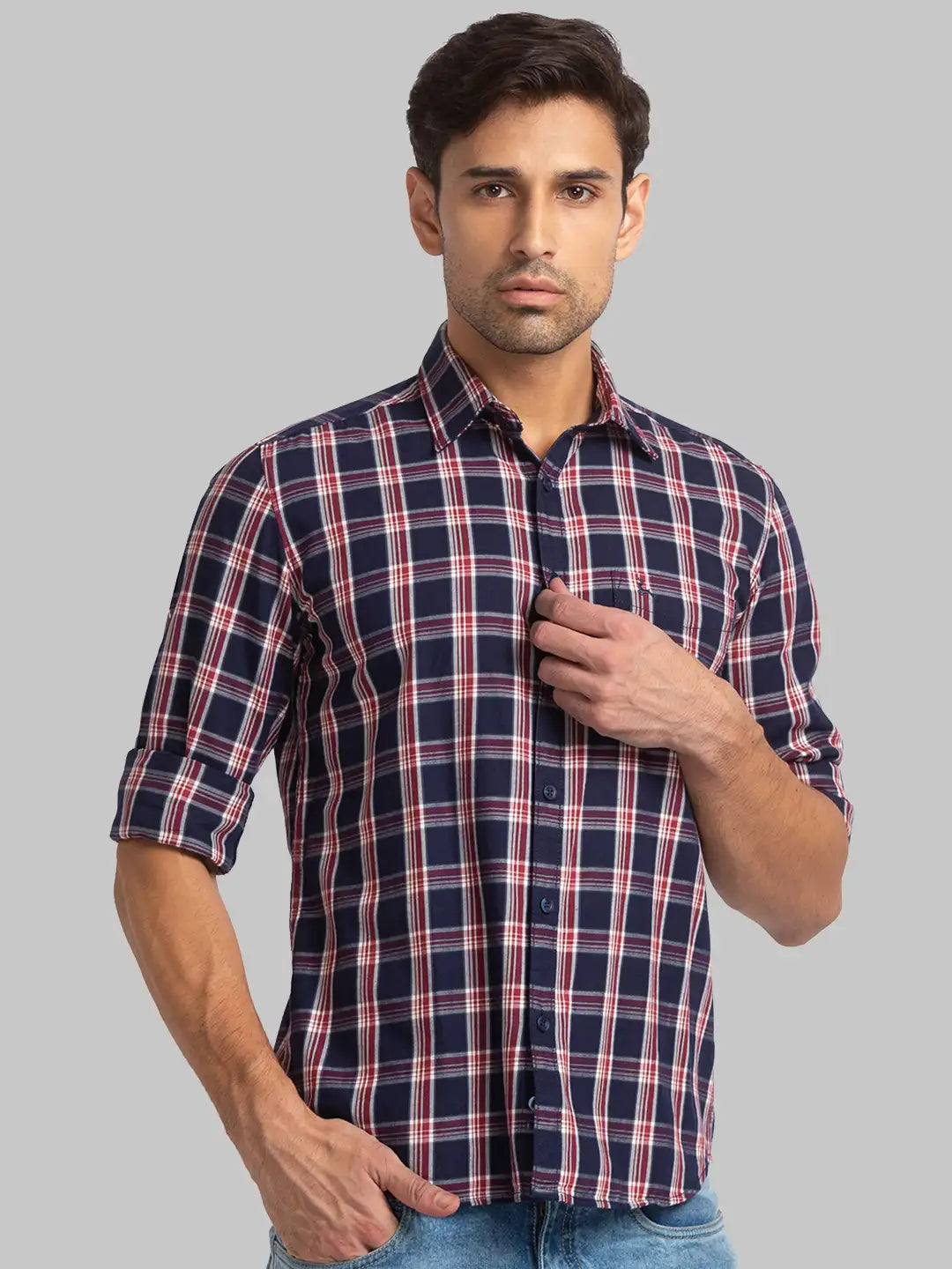 Men Blue Slim Fit Checks Cotton Full Sleeve Shirts